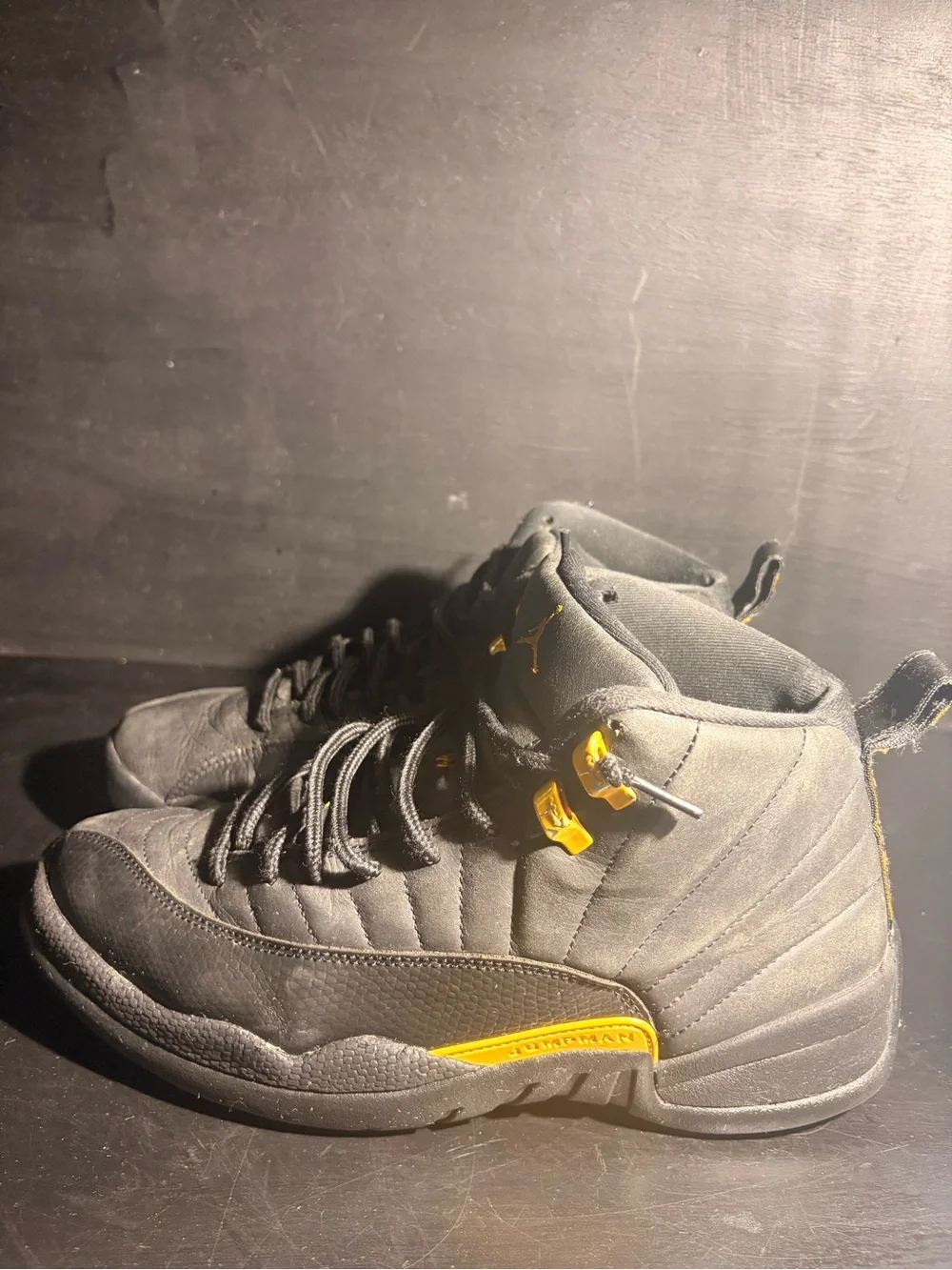 Men's Jordan 12 Black and Yellow High-Top Basketball Sneakers